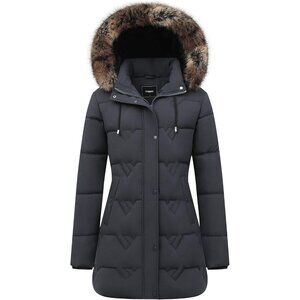 Women's Grey Waterproof Winter Coat, Long Insulated Parka with Detachable Hood
